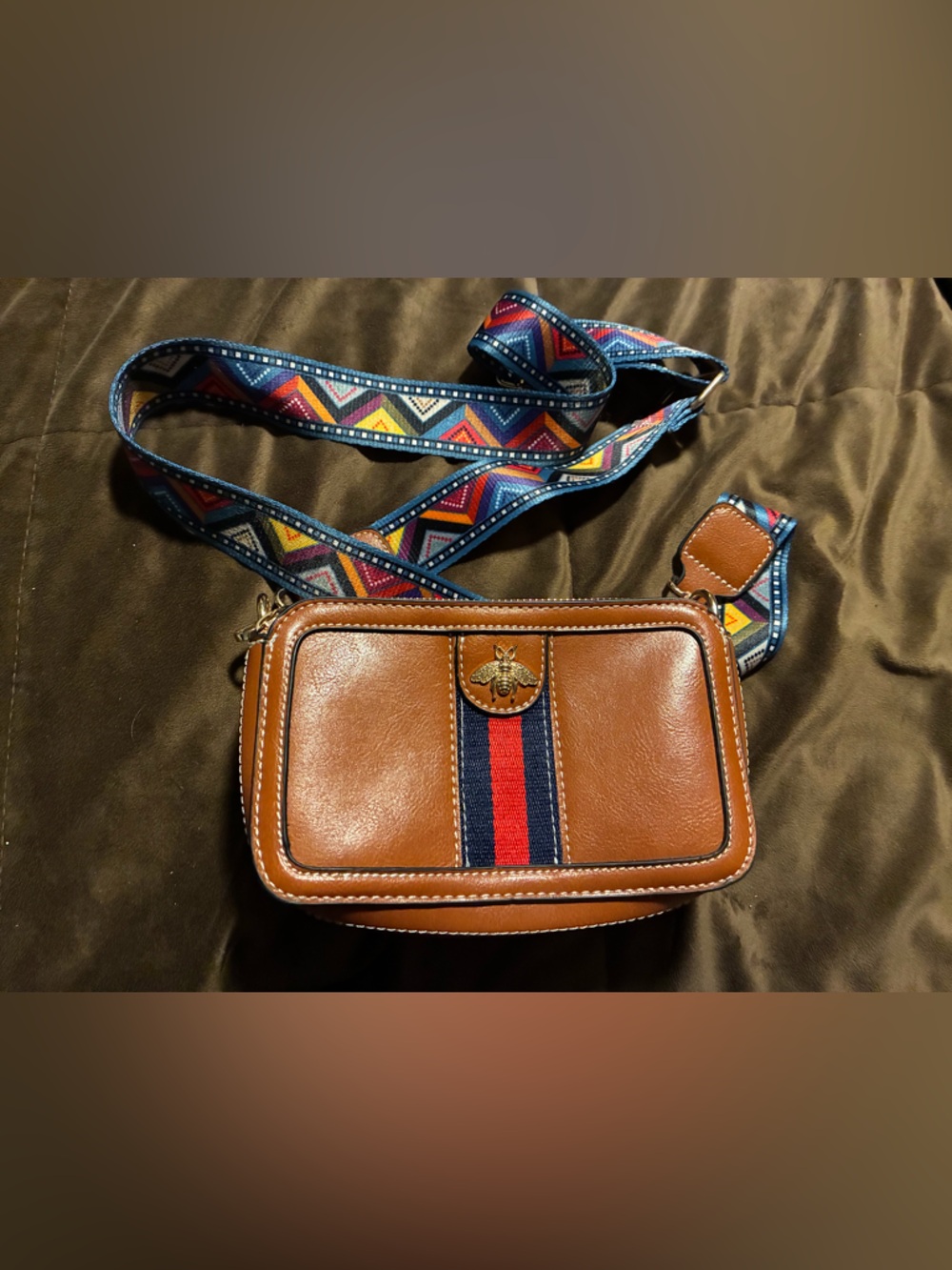 Brown Crossbody Bag with Colorful Stripe Strap  and Embellished Bee
